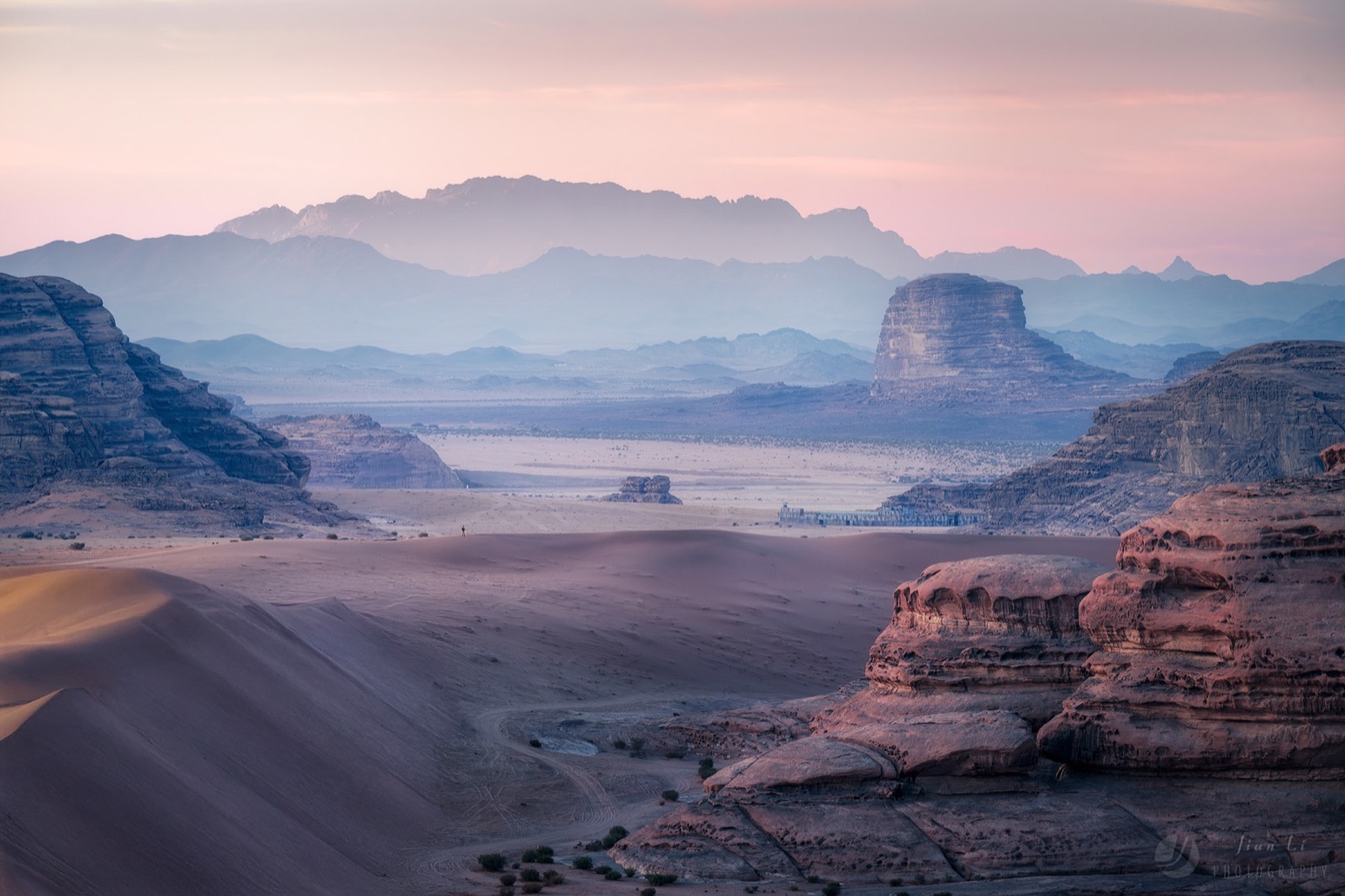 Sandstone and dunes at dusk