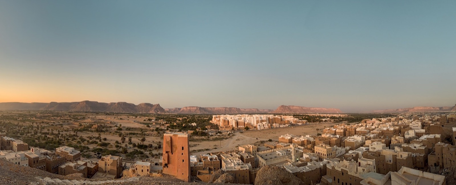 The mud-brick towers of Shibam rising out of the Hadramawt desert